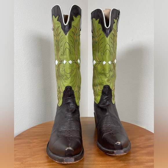 Nocona Cowboy Western Boots Brown Green Mocha Chartreuse Leather Flame 8 1/2B - Picture 5 of 16